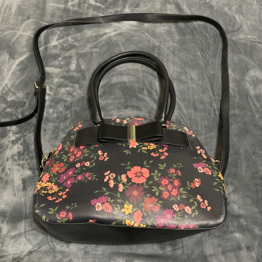 APT 9 Satchel Purse Womens Dark Floral Handbag Bow Detail Crossbody Shoulder Bag